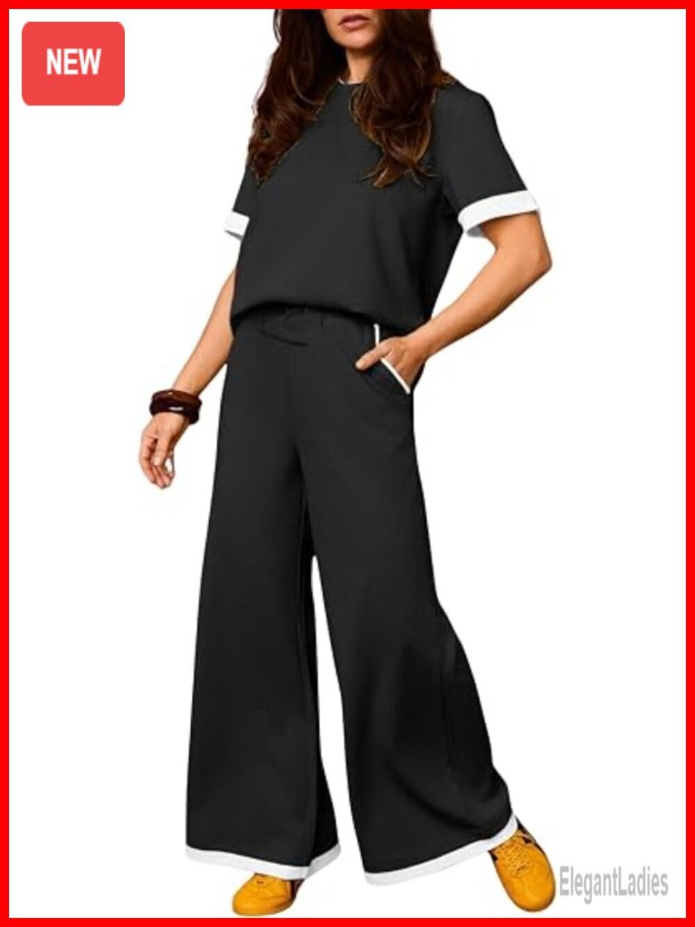 Women's 2 Piece Lounge Set Short Sleeve Pullover Top Wide Leg Pants Casual